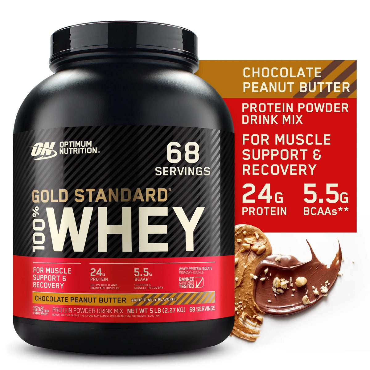 Peanut 68 Optimum Protein 100% Whey lb, Servings 5 Butter, Gold Nutrition, Standard Chocolate Powder,