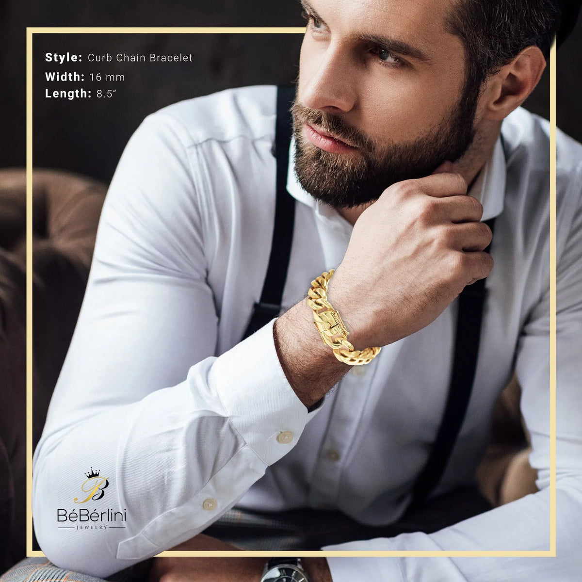 mm Jewelry Plated Fashion BEBERLINI Cuban Bracelet Curb Gold Stainless 16 14K Steel 9" for Adult Link Chain Men