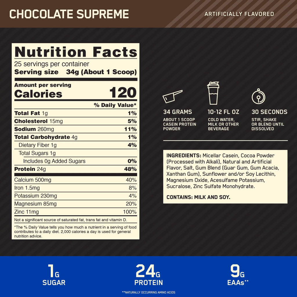lb, Protein Nutrition, Servings Supreme, g 100% Optimum 24 1.87 Powder, Standard Gold Chocolate Casein, 25