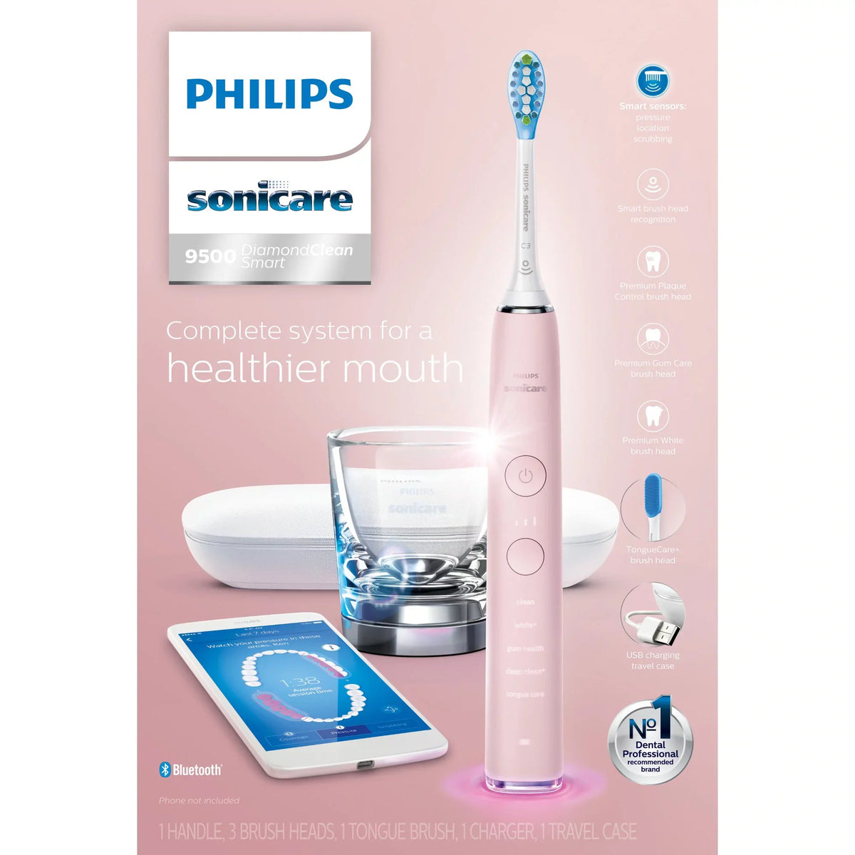 Rechargeable Smart Power 9500 Philips DiamondClean Electric HX9924/21 Pink, Toothbrush, Sonicare