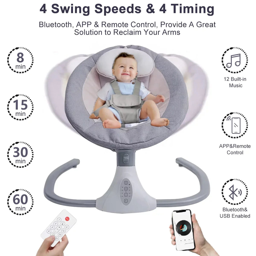 Swing Seat Swing Gray Baby 4 Speeds and Chair Electric Control, Portable with Infant Swing Remote