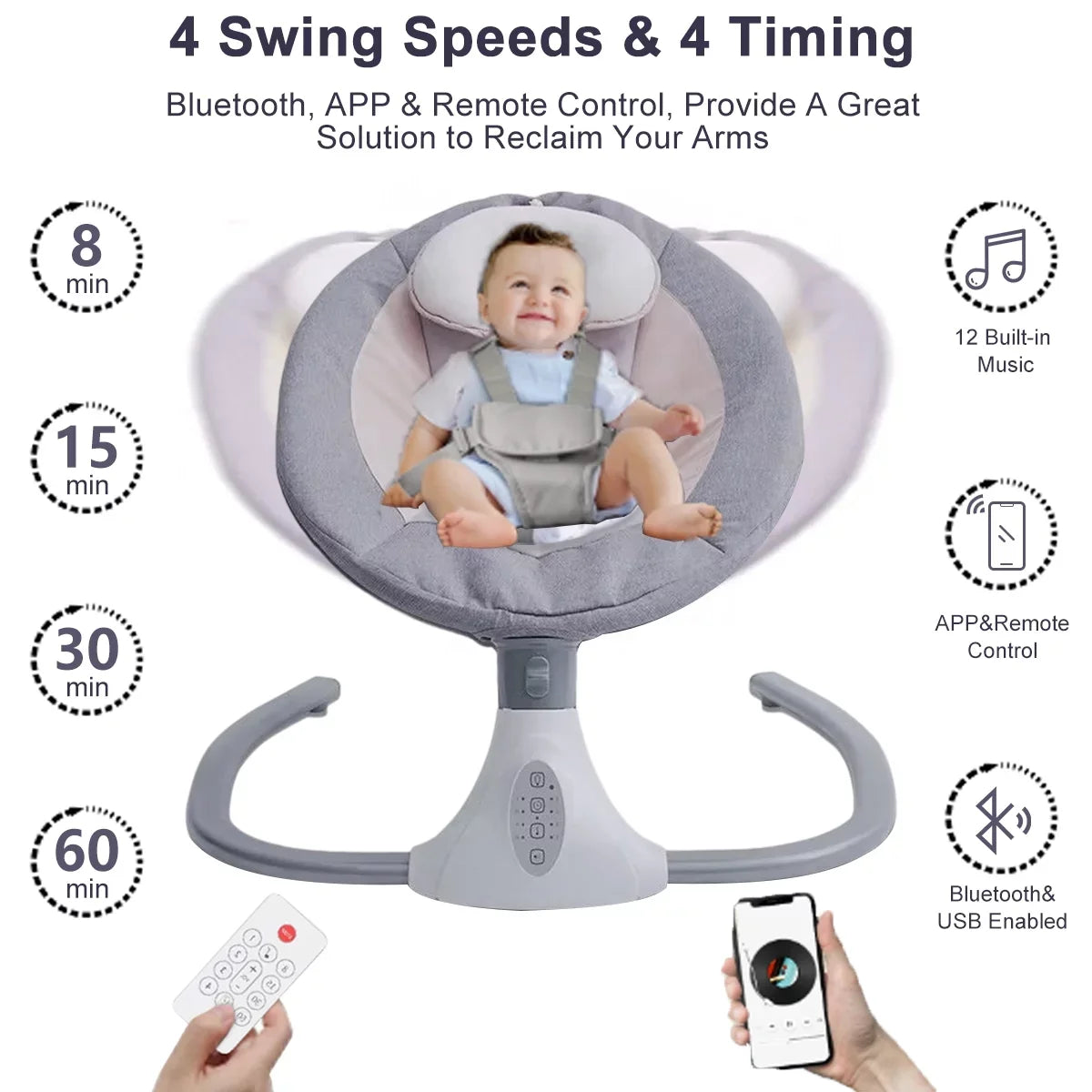 Swing Seat Swing Gray Baby 4 Speeds and Chair Electric Control, Portable with Infant Swing Remote