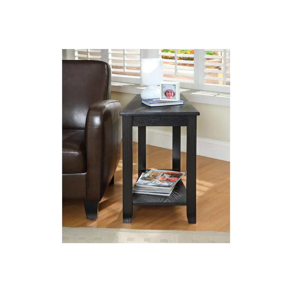Bottom Table With Benzara Chair Wedged Wood Shelf, a Black Side