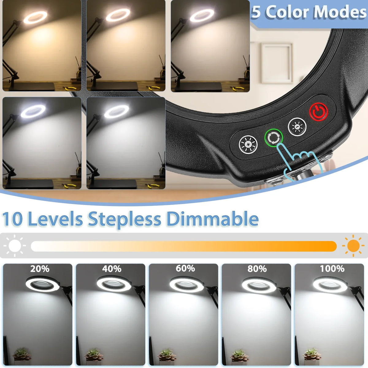Lighted and Light 5 Painting, with Close Clamp, Hands Sewing Modes Magnifier Stepless Glass Desk Free Work, Magnifying with Craft, 10X Dimmable, for Lamp LED Stand, Color 2-in-1 Magnifying