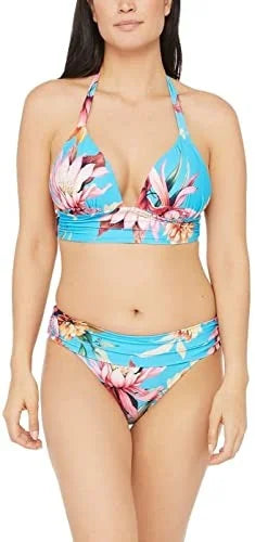 Halter Tie Print Swimsuit Blue Cup Women's Tropical BLANCA Sweetheart LA Top Molded 12 Shirring