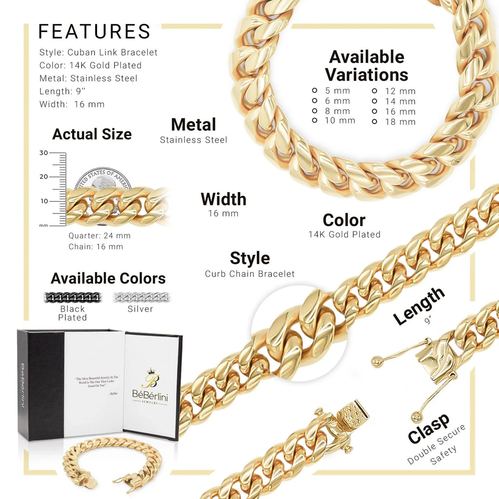 mm Jewelry Plated Fashion BEBERLINI Cuban Bracelet Curb Gold Stainless 16 14K Steel 9" for Adult Link Chain Men