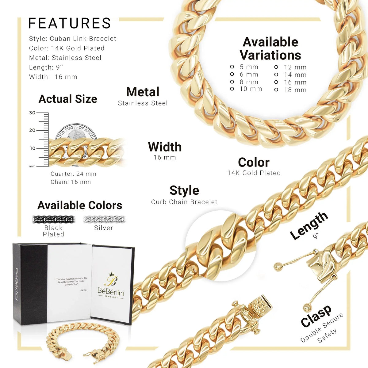mm Jewelry Plated Fashion BEBERLINI Cuban Bracelet Curb Gold Stainless 16 14K Steel 9" for Adult Link Chain Men