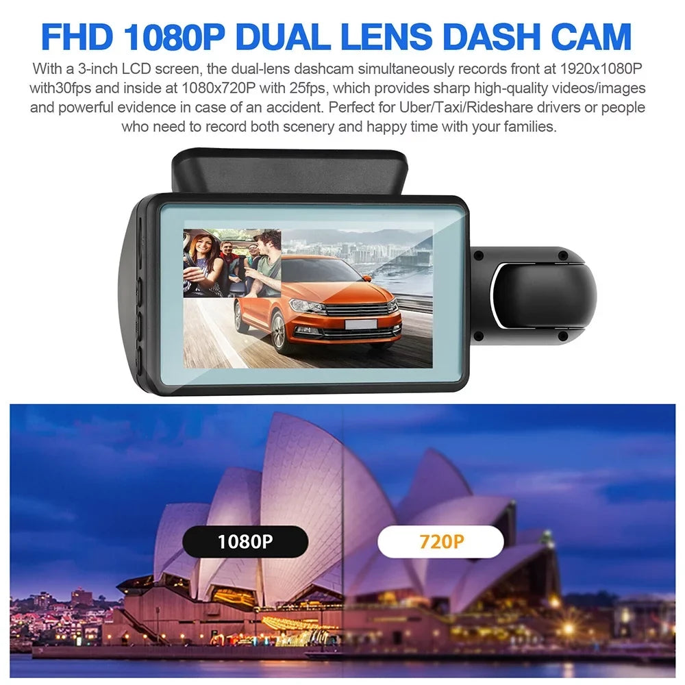 Camera Rear DVR Recorder Cam Video Front Car Dual Dash Lens 1080P and G-Sensor