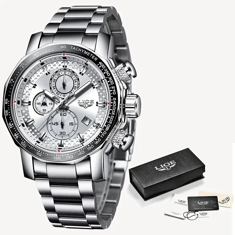 Chronograph Clock Full Mens white Men Homme Montre Top Waterproof New Big Quartz Dial Brand Luxury Watches Sport silver Steel Watch