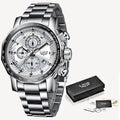 Chronograph Clock Full Mens white Men Homme Montre Top Waterproof New Big Quartz Dial Brand Luxury Watches Sport silver Steel Watch