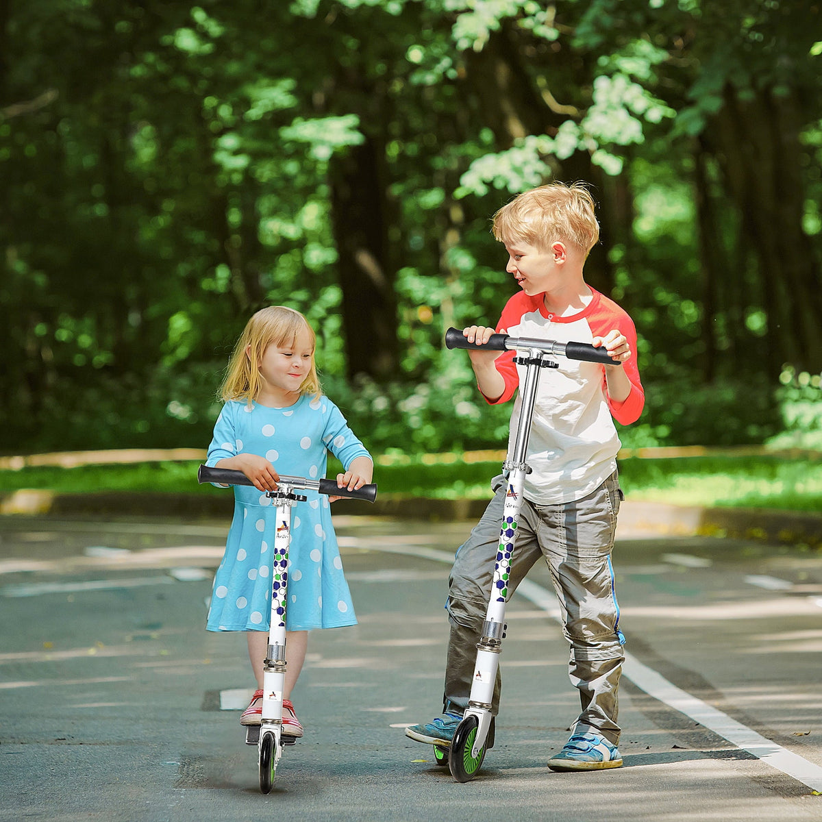 Adjustable Dual Girls, Brake Aosom Kick White One-click Rider Kids for Folding w/ Durable Handlebar, Kickstand, Wheels Sturdy Boys & with and Scooter Push Bearings, System,