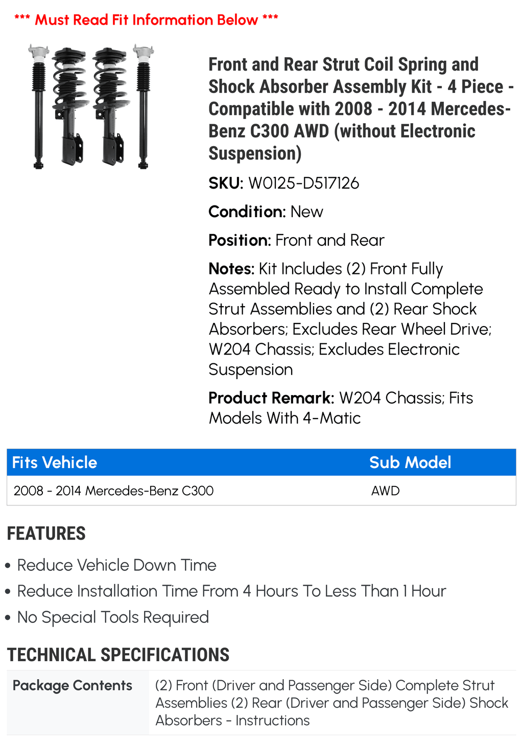 Coil 2011 2014 - with 2010 Spring 2008 Assembly Compatible Front Piece (without - - Suspension) 2013 Absorber C300 AWD and Mercedes-Benz 4 2009 Shock and Rear Electronic 2012 Kit Strut