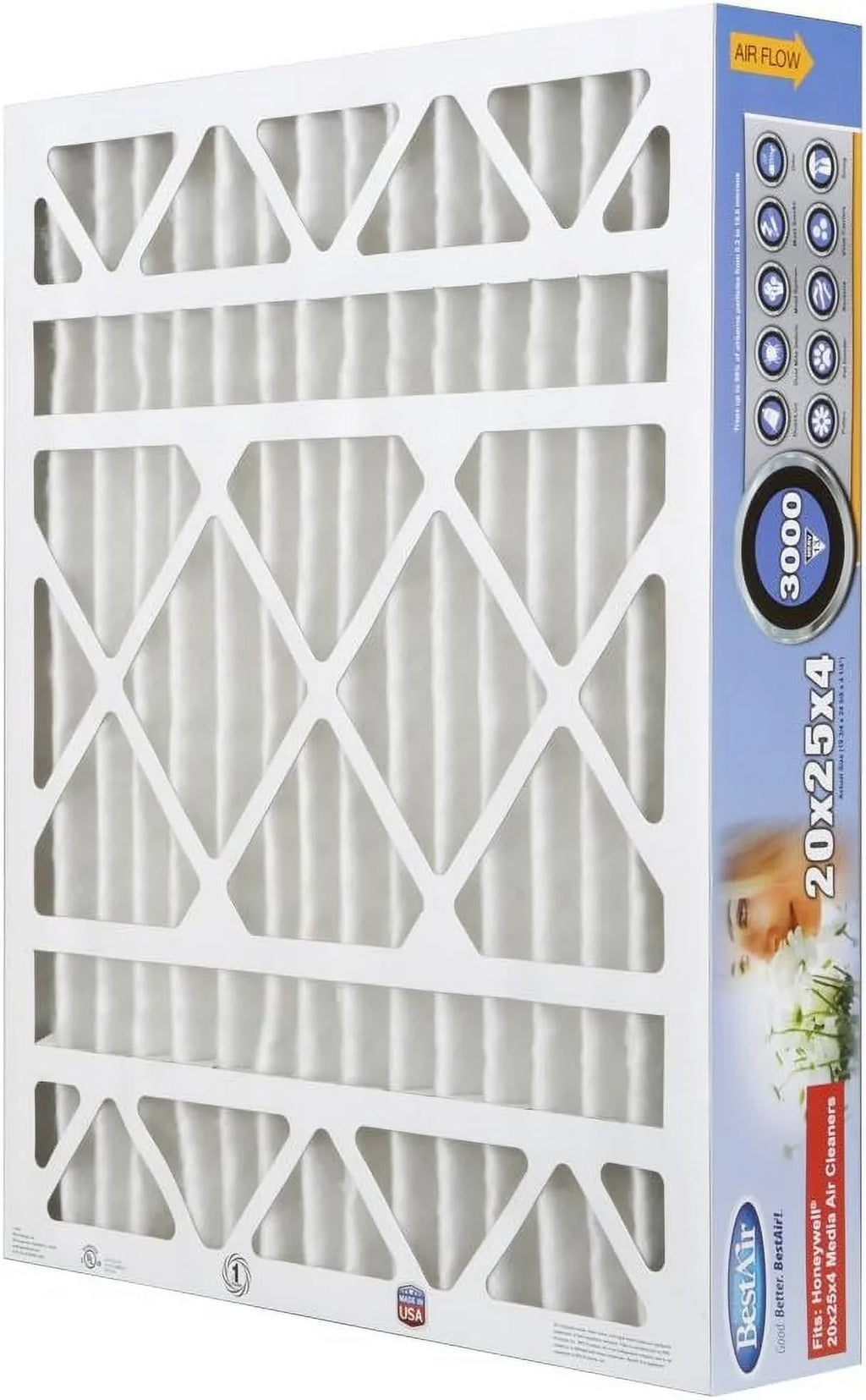 BestAir Allergens 100%, 20" Honeywell 4", 13, Pack Removes & Models, Air Fits of HW2025-13R MERV 25" x 3 AC Furnace For Filter, x Contaminants,