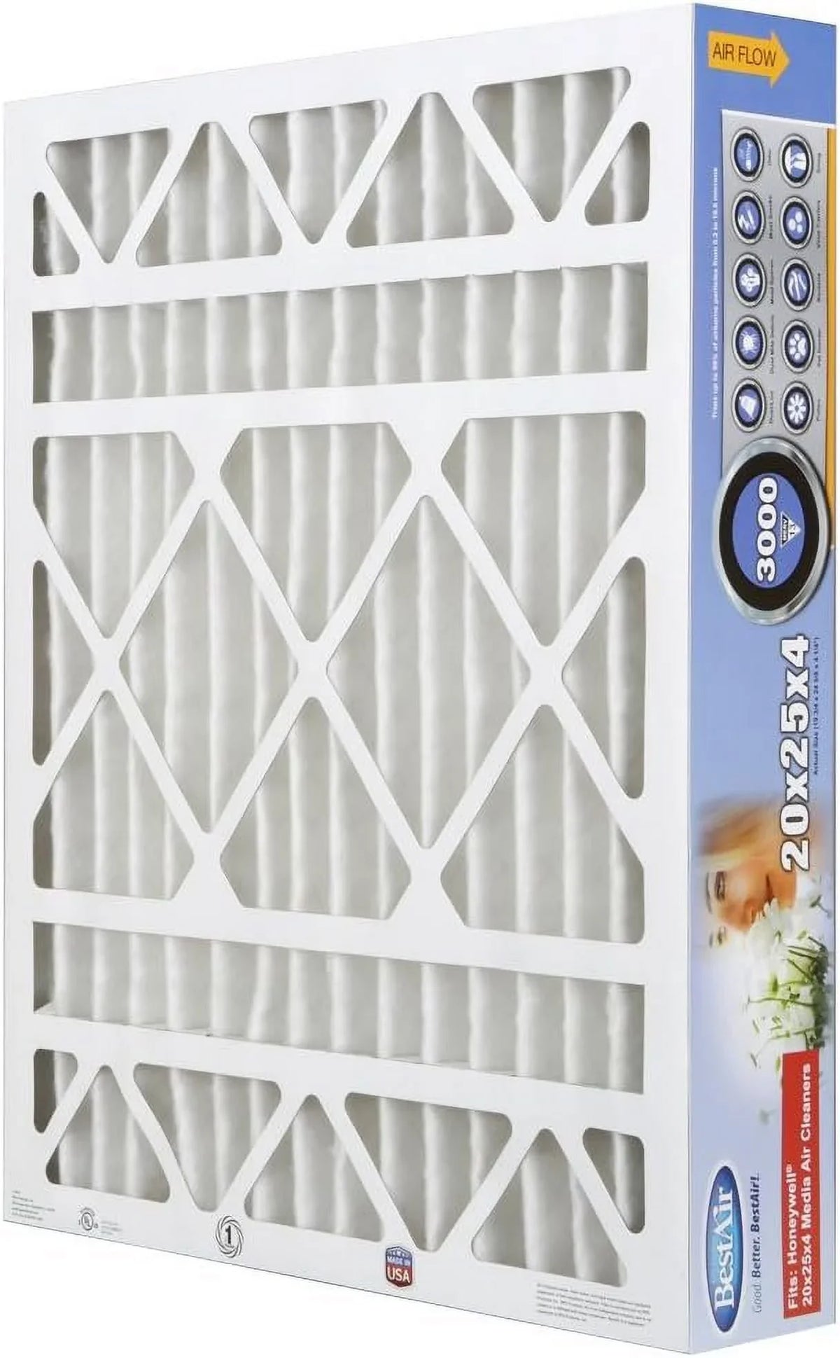 BestAir Allergens 100%, 20" Honeywell 4", 13, Pack Removes & Models, Air Fits of HW2025-13R MERV 25" x 3 AC Furnace For Filter, x Contaminants,