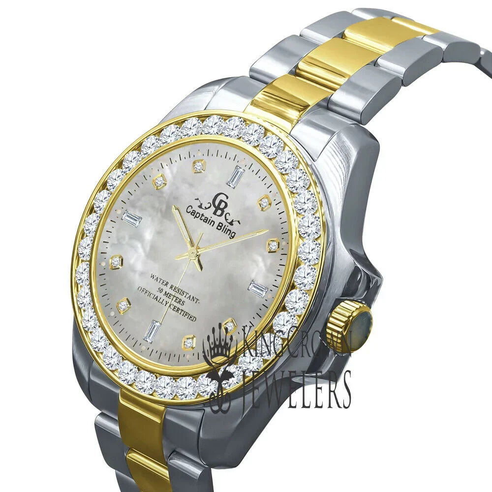 Stainless Simulated Diamonds 2 Tone Dial 18K Finish Mens Solid Gold Pearl Mother Of Watch Steel