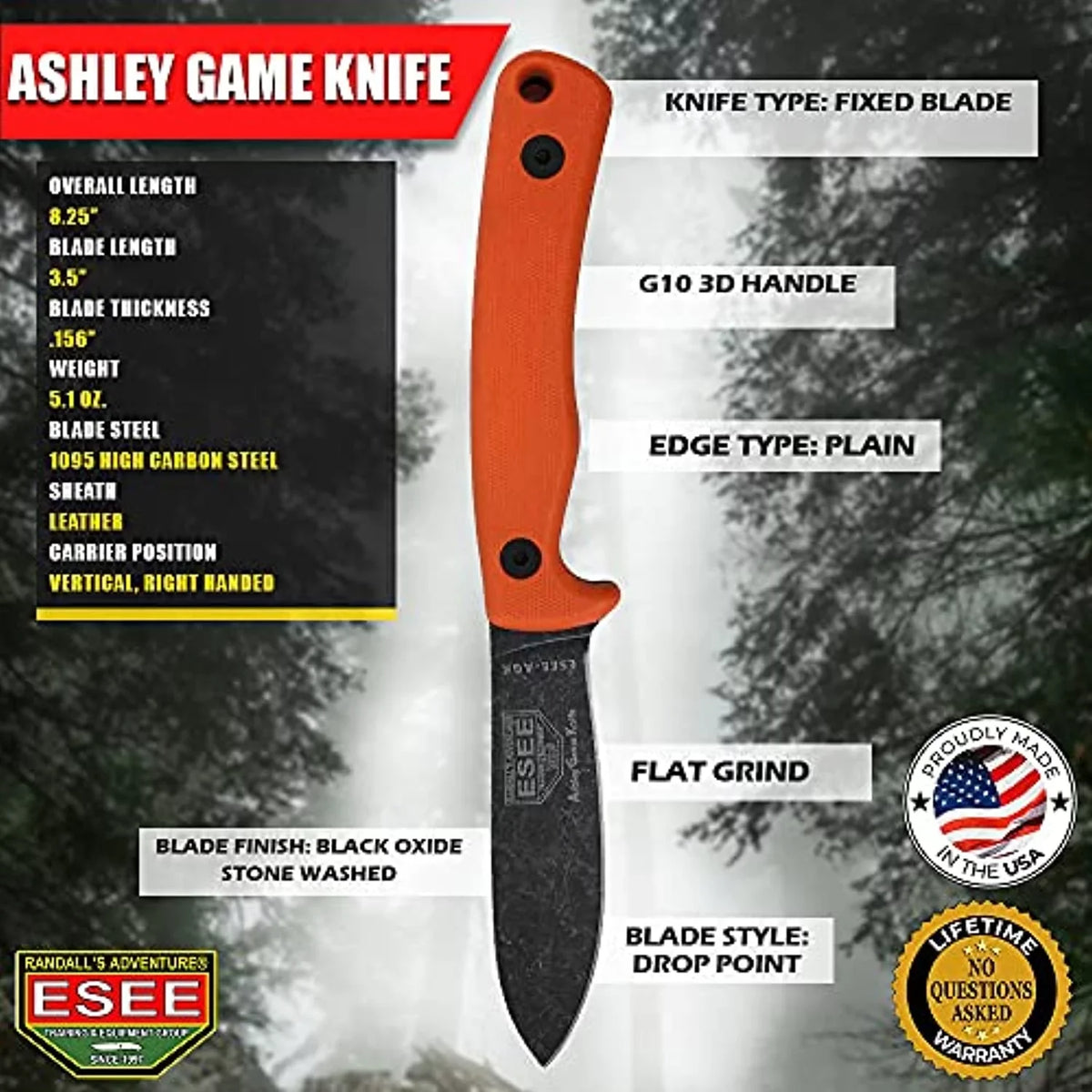 Blade 1095 Game Black Orange Knives Fixed & Steel Carbon ESEE Knife AGK-OR G10 Ashley