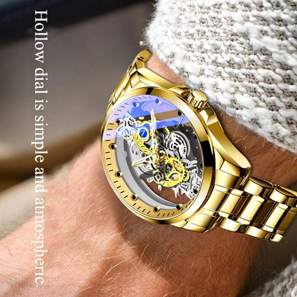 Luxury Quartz Steel Men's Watch Business USA Skeleton Hollow Stainless Automatic