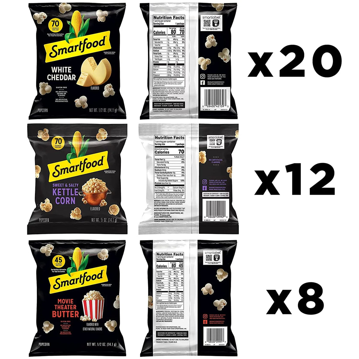 Pack Cheddar, Popcorn Snacks, Bags, & pack) 40 Corn Smartfood Variety Kettle Movie Theater Multipack White Flavor 0.5 (2 Count Butter oz