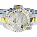 Stainless Simulated Diamonds 2 Tone Dial 18K Finish Mens Solid Gold Pearl Mother Of Watch Steel