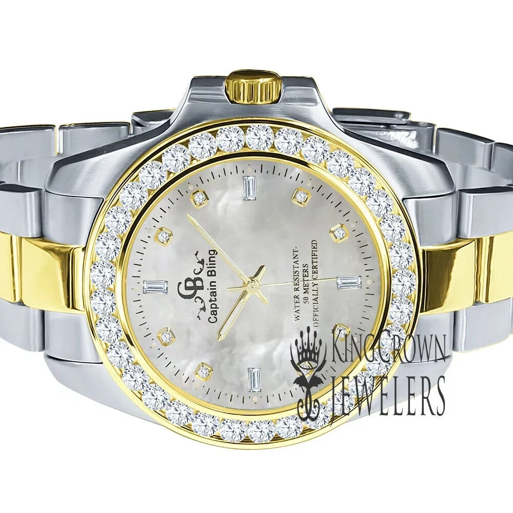 Stainless Simulated Diamonds 2 Tone Dial 18K Finish Mens Solid Gold Pearl Mother Of Watch Steel