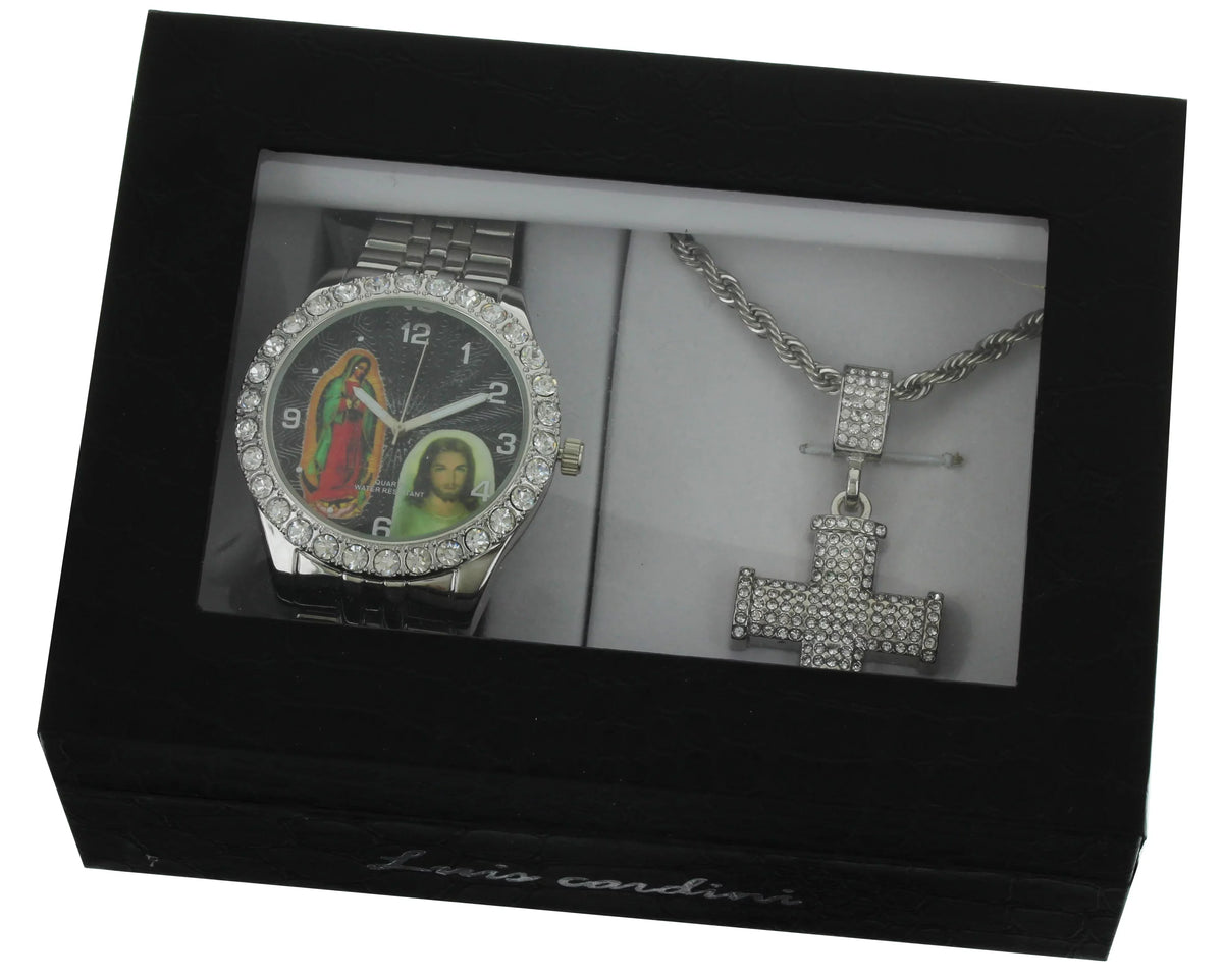 Our Jesus Bracelet Lady with of Neckless and Cross Pendent Men's Metal Watch Silver-Tone and Set Guadalupe