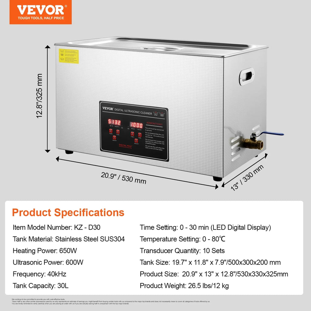 Cleaner Industrial for Cleaner with 752W Cleaner Sonic Timer Watch Digital 30L Ring Instruments Large Ultrasonic CE BENTISM Professional Certified RoHS Heating Glass Grade 304 Coin Jewelry FCC