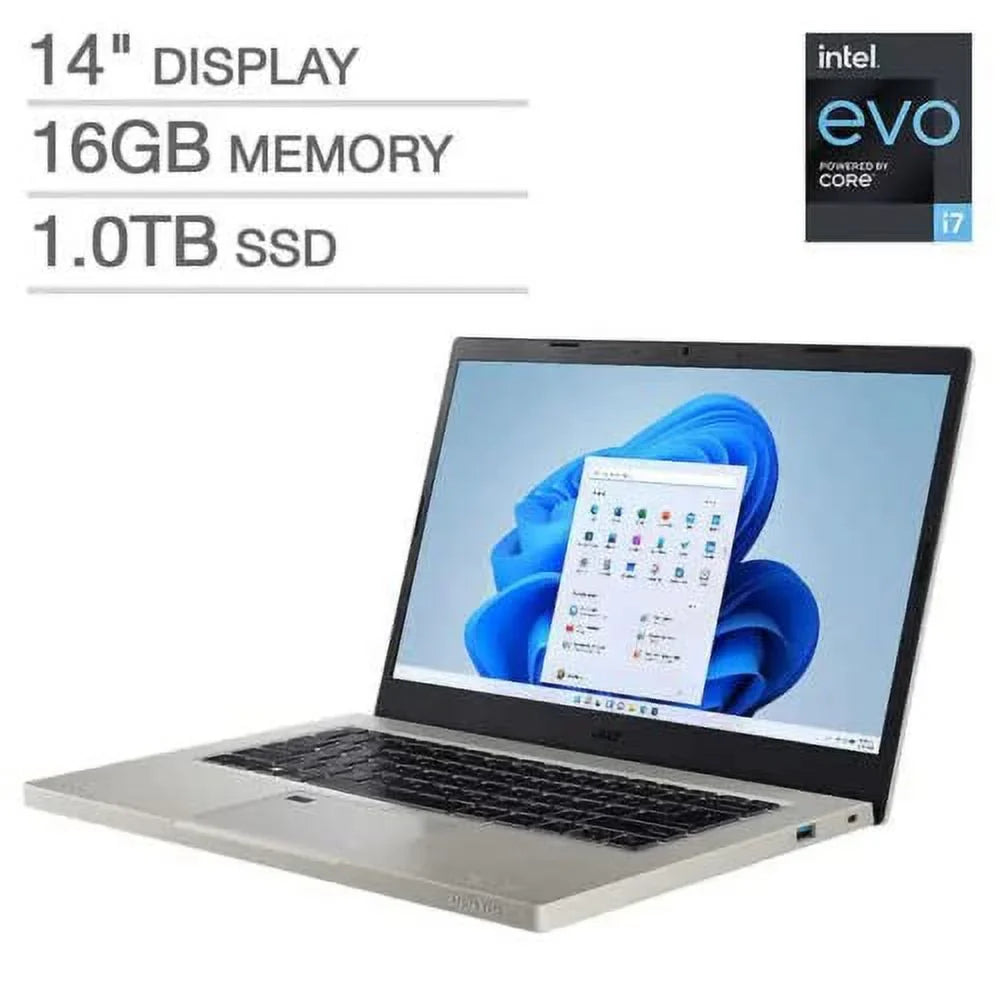 Windows 1.70GHz, Laptop, SSD, Backlit Aspire 1TB Reader, RAM Accessories Keyboard, Finger acer Print Vero i7-1255U 1080p EVO Core 16GB Bluetooth, + Home, Webcam, FHD 11 LED-Backlit 14" Intel Gray