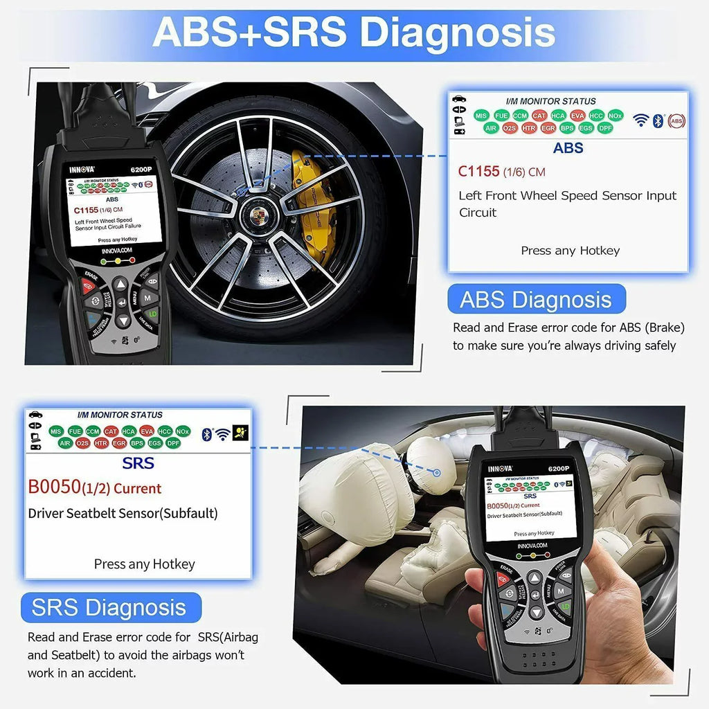 Bluettoth Diagnostic System Tool Reader Battery 6200P Oil OBD2 Registratio ABS Code Scanner Full INNOVA SRS