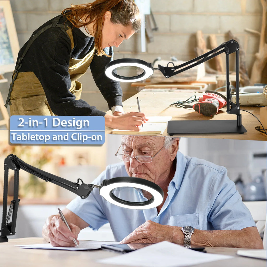 Lighted and Light 5 Painting, with Close Clamp, Hands Sewing Modes Magnifier Stepless Glass Desk Free Work, Magnifying with Craft, 10X Dimmable, for Lamp LED Stand, Color 2-in-1 Magnifying