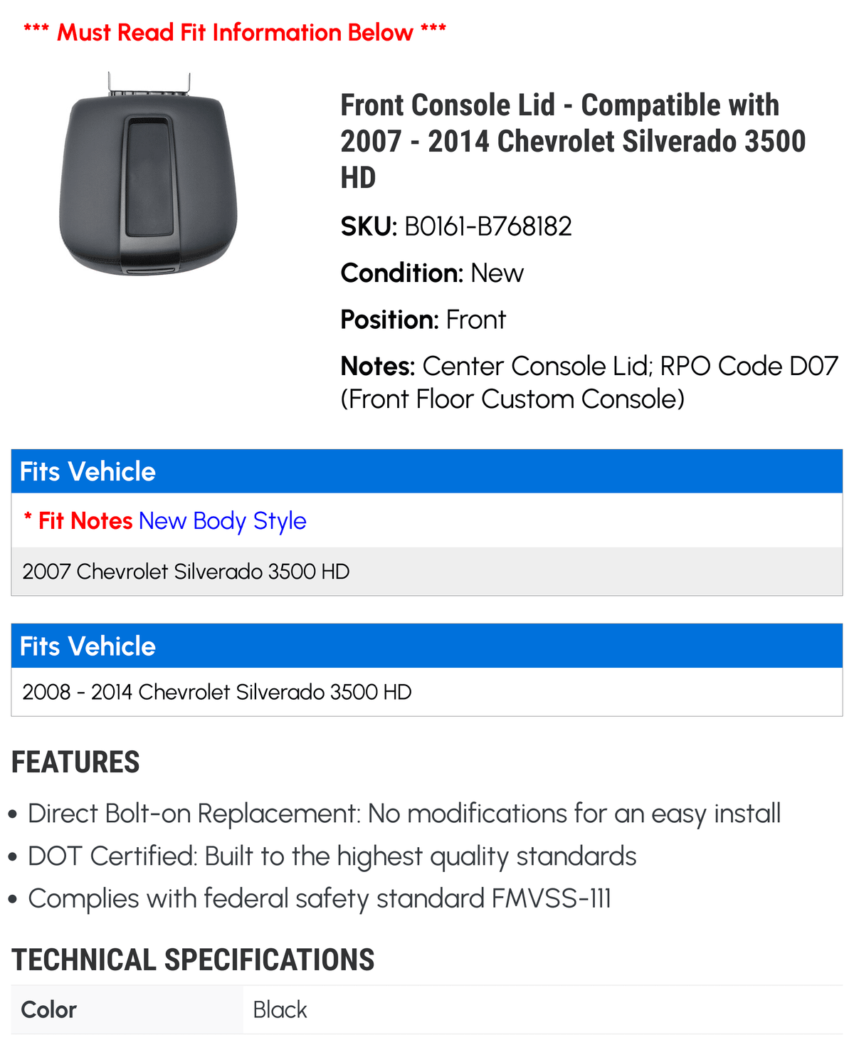 Silverado Lid HD 3500 2009 2010 2014 2013 2007 2011 with - - Chevy Console 2008 2012 Compatible Front
