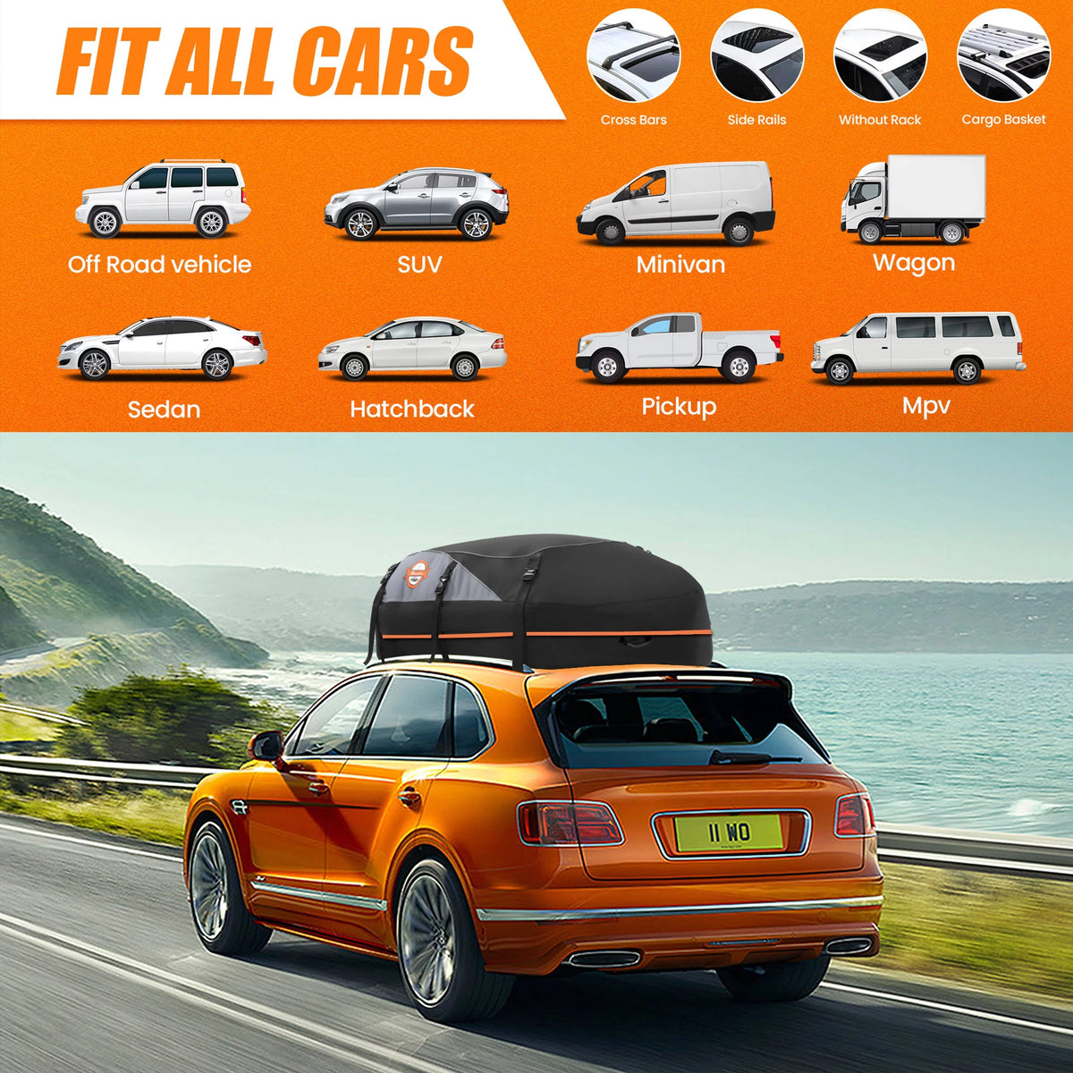 Cargo ft 100% Storage Adnoom Luggage Rooftop Car Bag, Bag Orange Soft Car Waterproof Car Carrier, Sided Top Black, Carrier Roof Bag 16 Cu