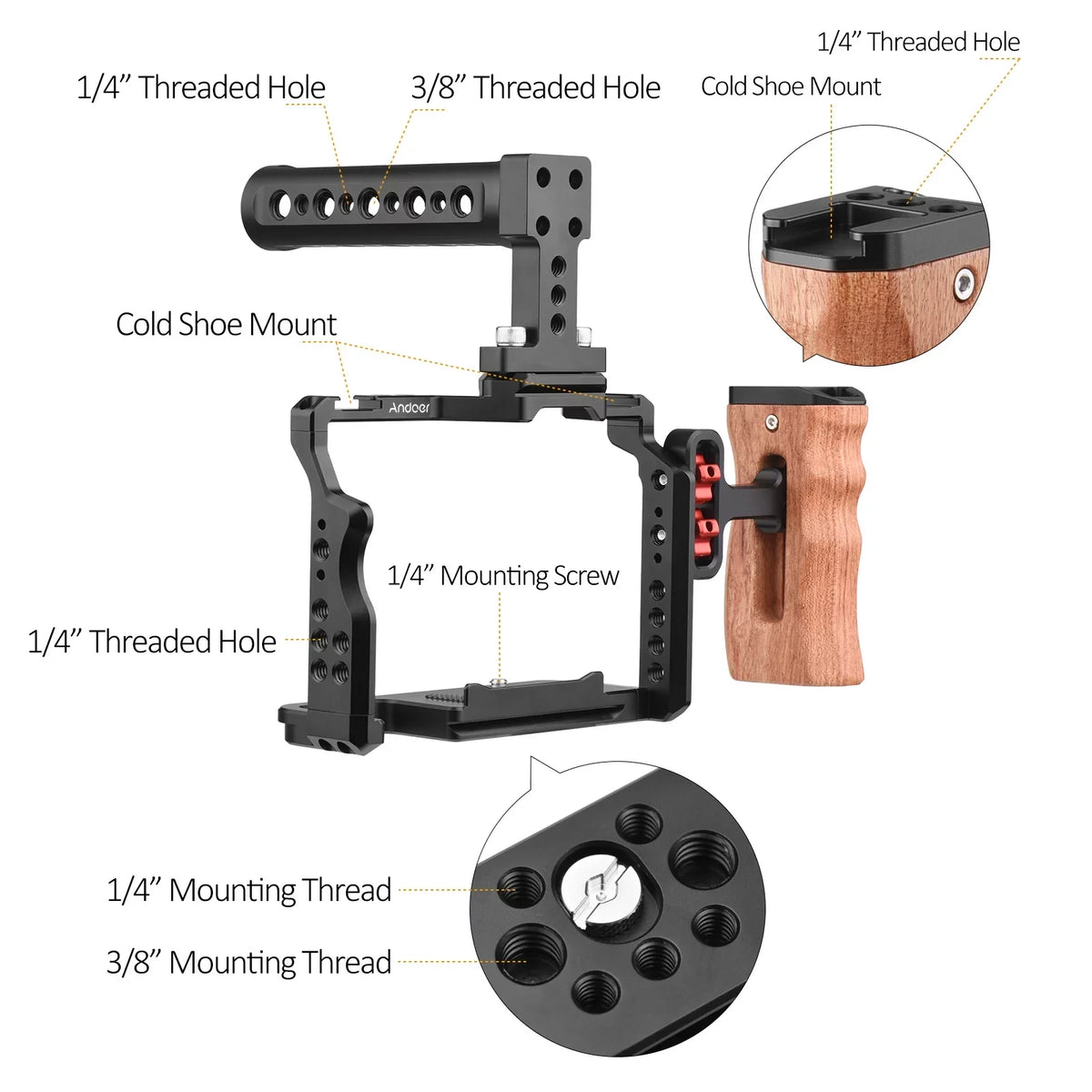 A7R A7S Alloy Inch Numerous Sony + Cage Dual Andoer III/ II A7III/ with Wooden Mounts Handle II/ Aluminum Grip Kit Replacement 14 + Shoe A7II/ A7IV/ Threads Cold Side for A7R Video