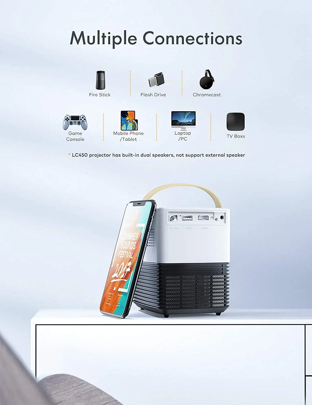 inch 50000Hrs Home ,LCD LC450 Screen, Portable Mini Projector Support APEMAN Theater 1080P,120