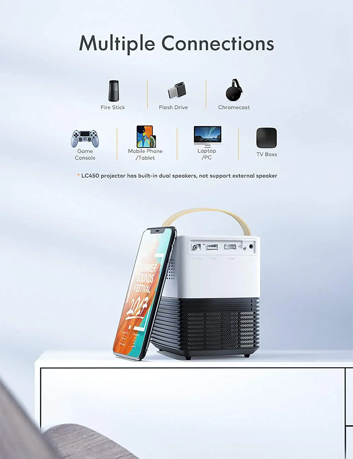 inch 50000Hrs Home ,LCD LC450 Screen, Portable Mini Projector Support APEMAN Theater 1080P,120