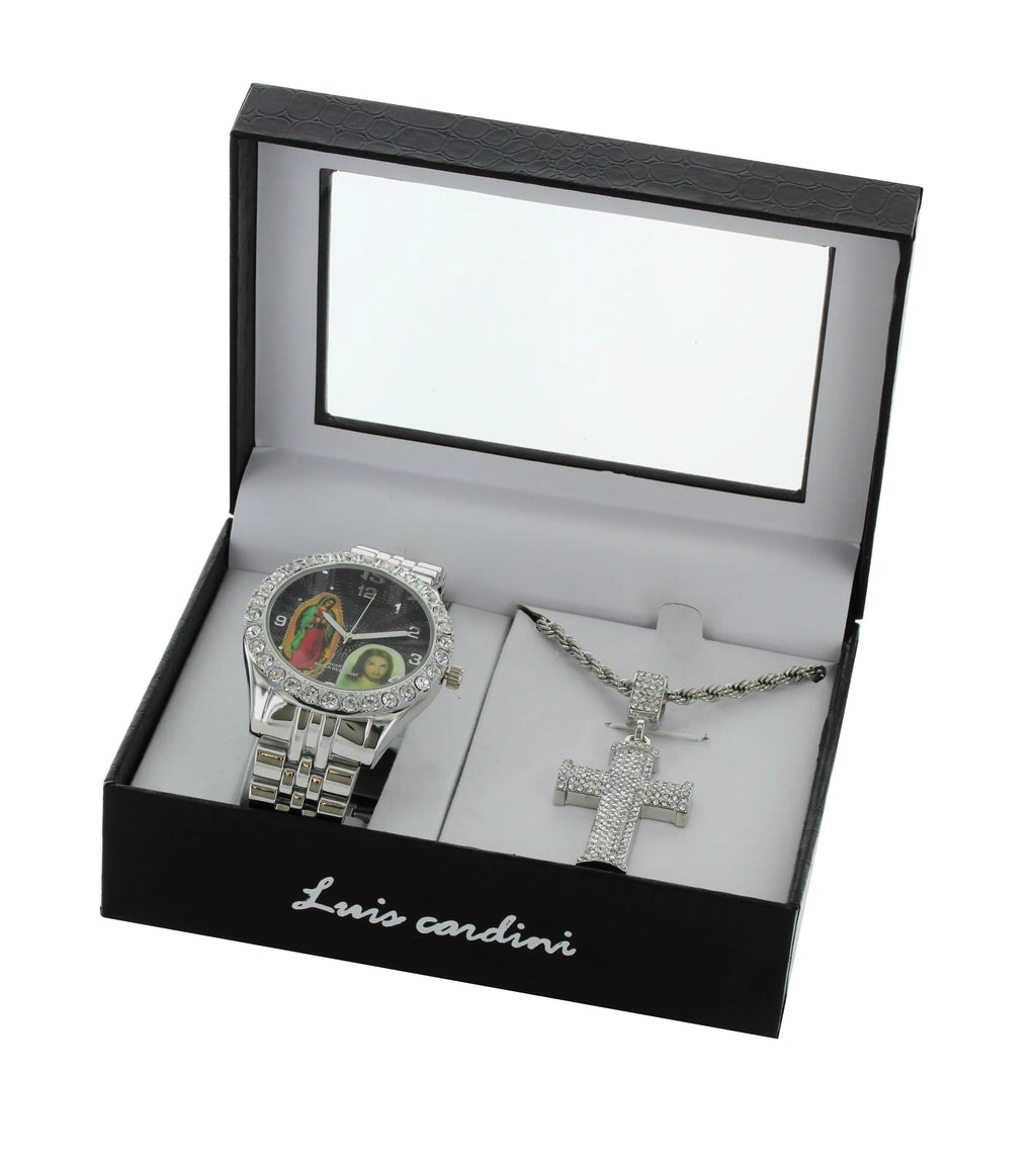 Our Jesus Bracelet Lady with of Neckless and Cross Pendent Men's Metal Watch Silver-Tone and Set Guadalupe