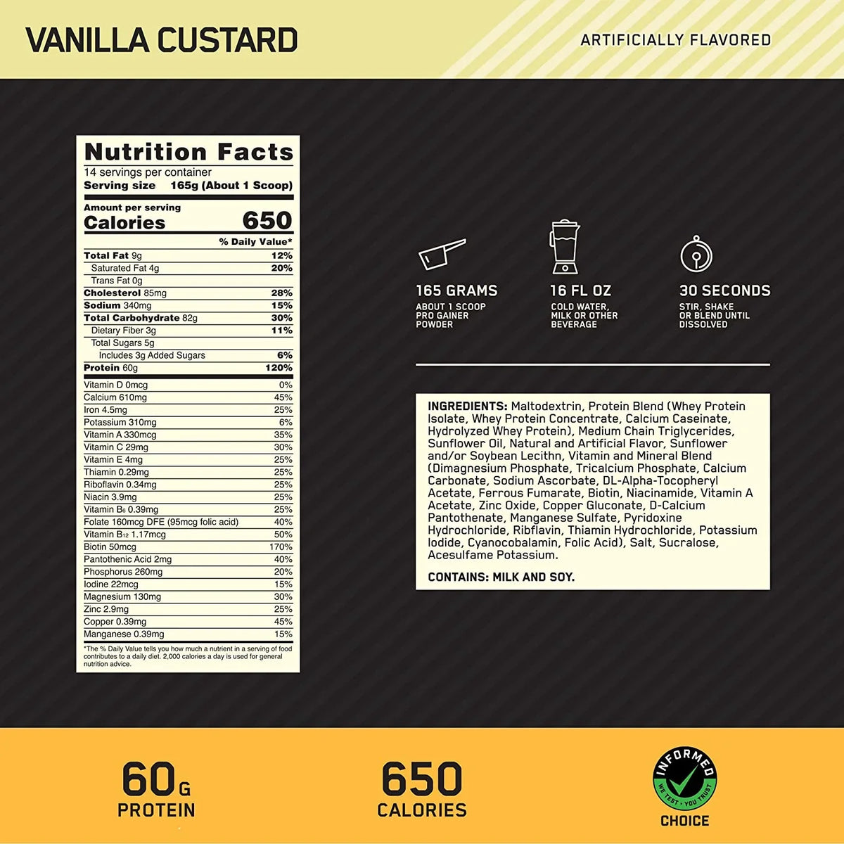 Vanilla Standard Optimum Protein 60 14 Protein, Custard, lb, Nutrition, Servings Powder, 5.09 Gainer Pro Gold g