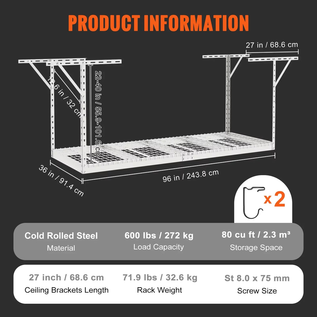 36x96in VEVOR 600lbs Garage Rack Ceiling Adjustable Storage White Rack Overhead