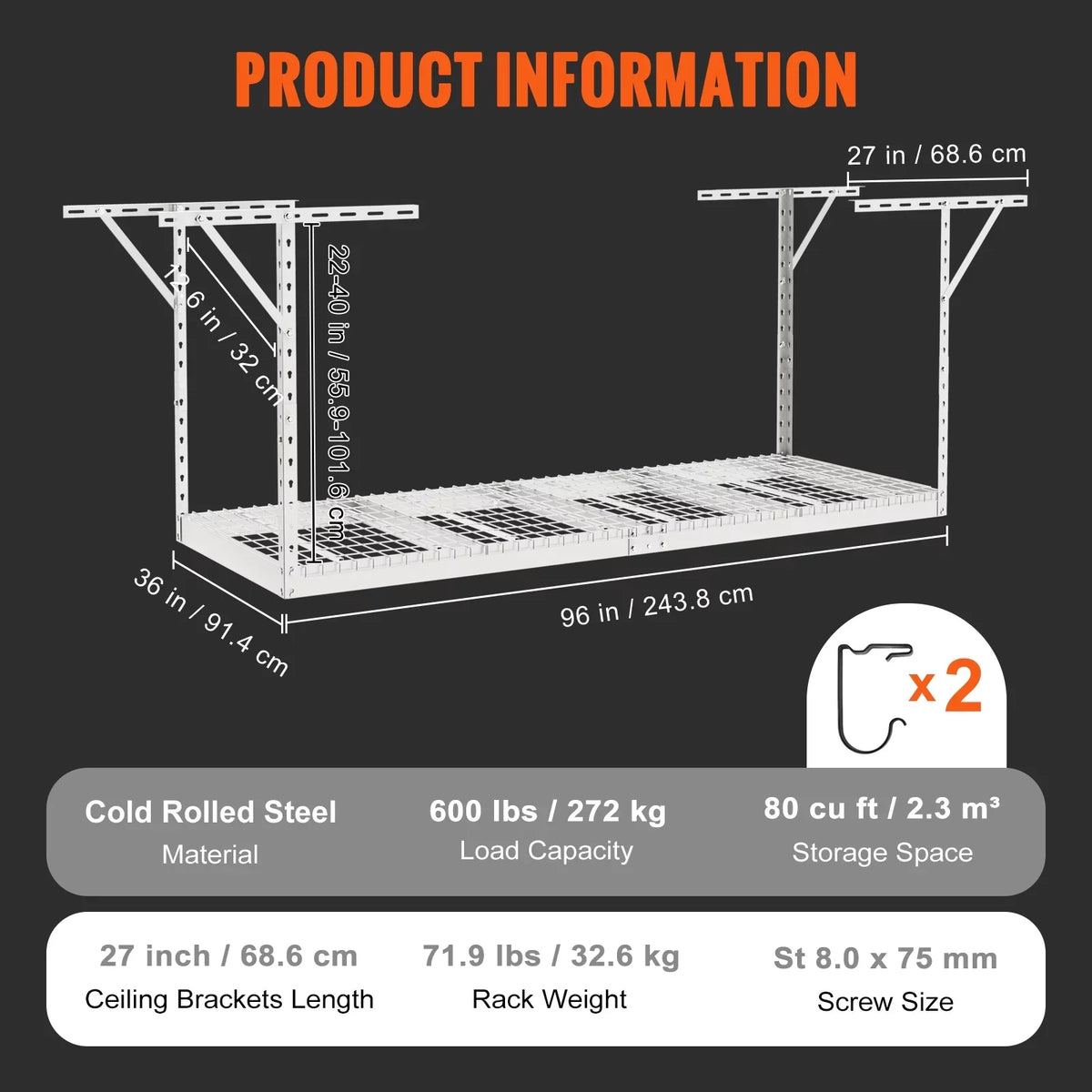 36x96in VEVOR 600lbs Garage Rack Ceiling Adjustable Storage White Rack Overhead
