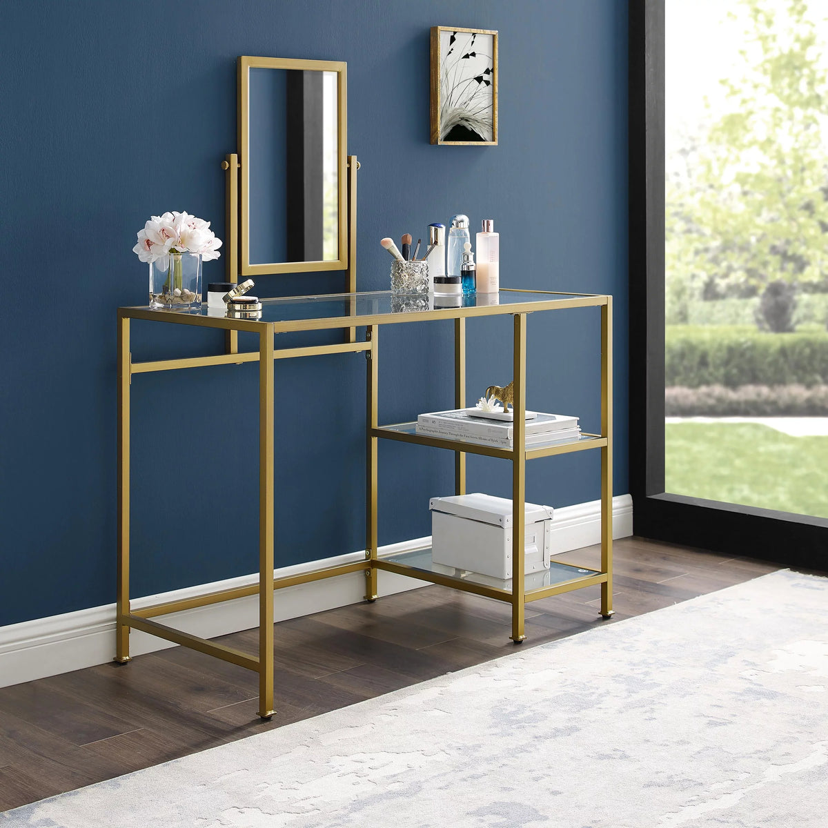 Furniture Crosley Desk/Mirror Glass Gold Vanity in Soft Tempered 2-Piece Aimee