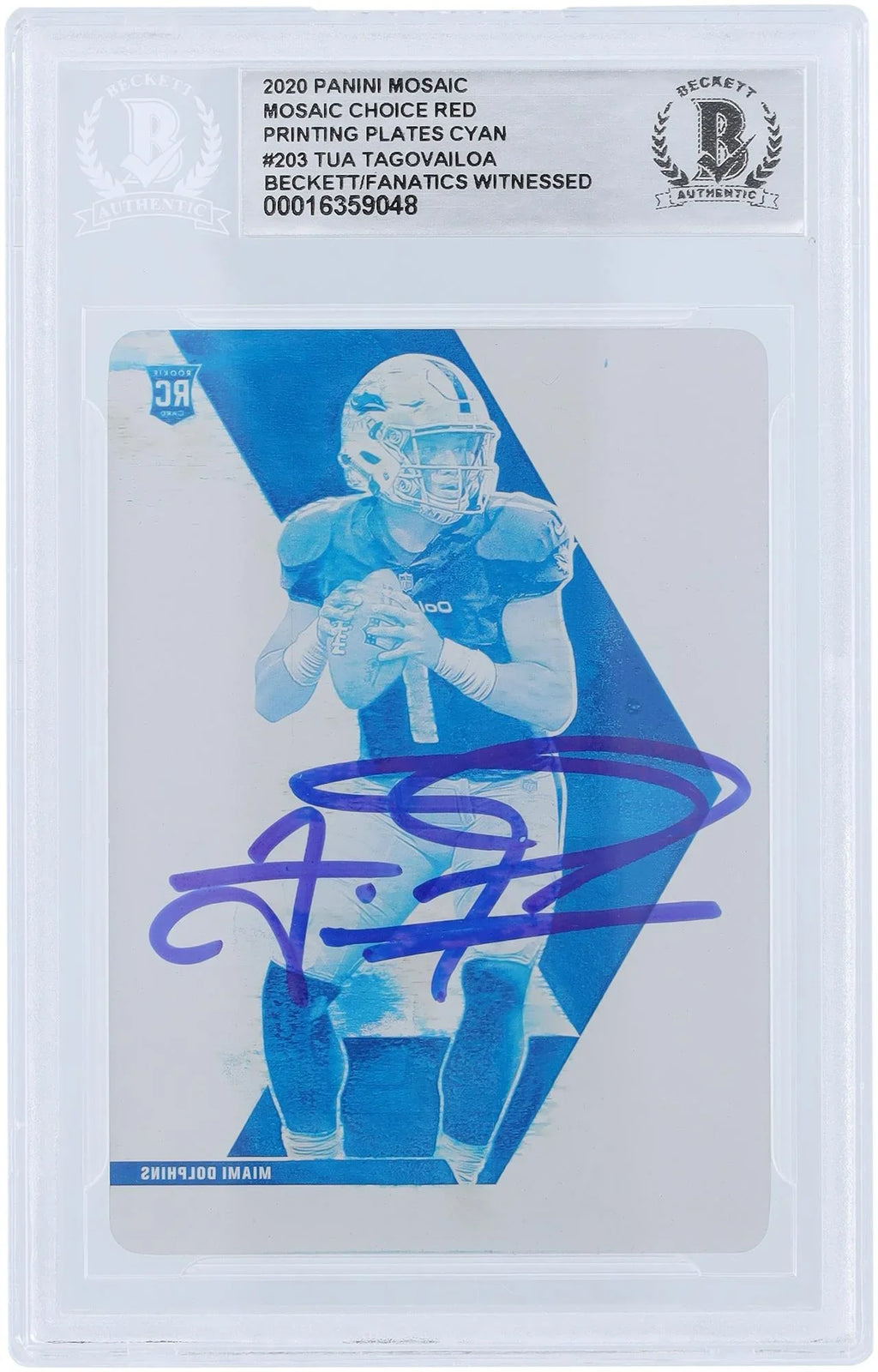 Tua Autographed #203 Beckett Red Certified Authenticated Miami 2020 Panini - Printing Fanatics #1/1 Choice Tagovailoa Witnessed Cyan Dolphins Plate Mosaic Authentic Card Fanatics Rookie