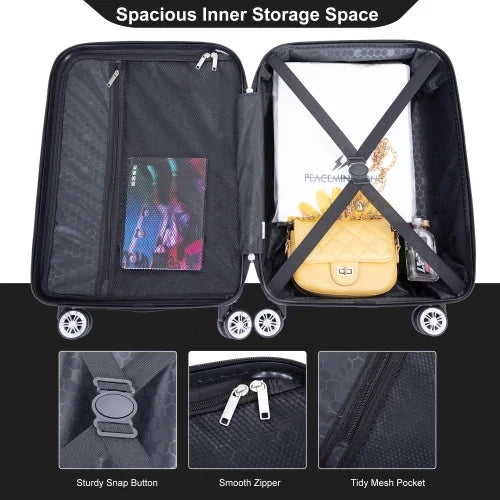 Spinner Wheels, 2Piece Suitcase ABS Zateety Sets BLACK , Lightweight Luggage