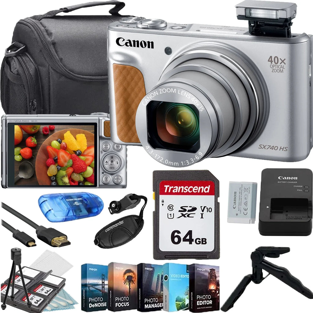 Tripod+Deluxe (Silver)+64GB Memory Card+Camera Accessory Bag+Steady HS Shoulder PowerShot SX740 Bundle Digital Gripster Canon Camera