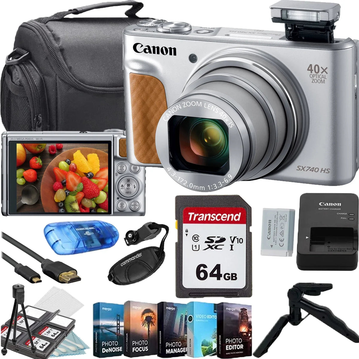 Tripod+Deluxe (Silver)+64GB Memory Card+Camera Accessory Bag+Steady HS Shoulder PowerShot SX740 Bundle Digital Gripster Canon Camera