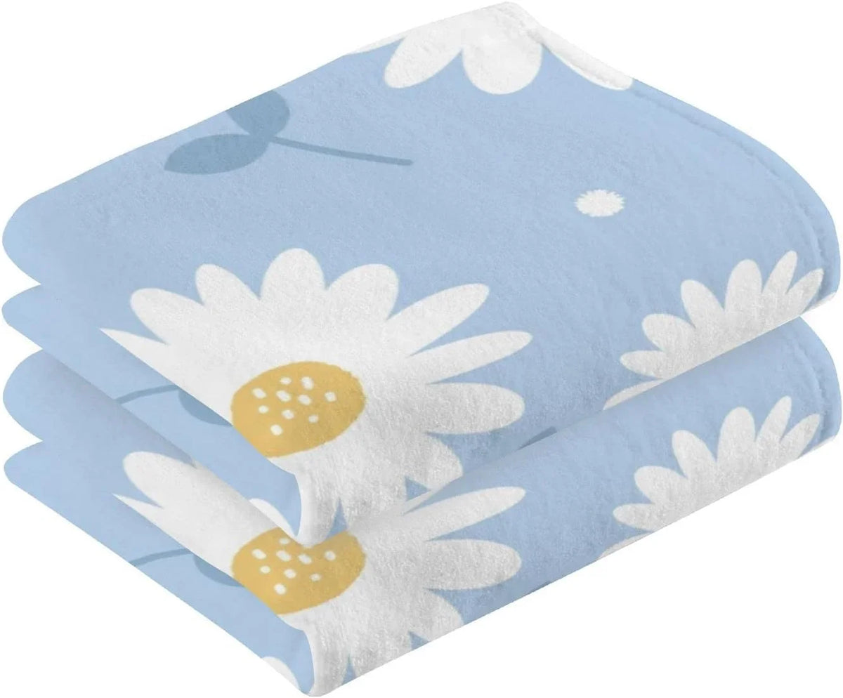Wellsay Towel- Washcloths, Cotton Highly Hand Flower Pack Daisy Quick-Dry 2 Absorbent Set of Bath Blue Towel Face