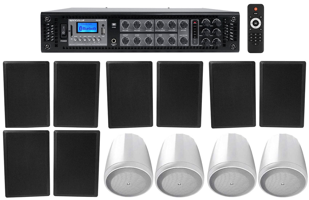 Amp+4 6-Zone Wall White Restaurant/Bar/Cafe 4 Speakers JBL Slim Pendant+8 Black
