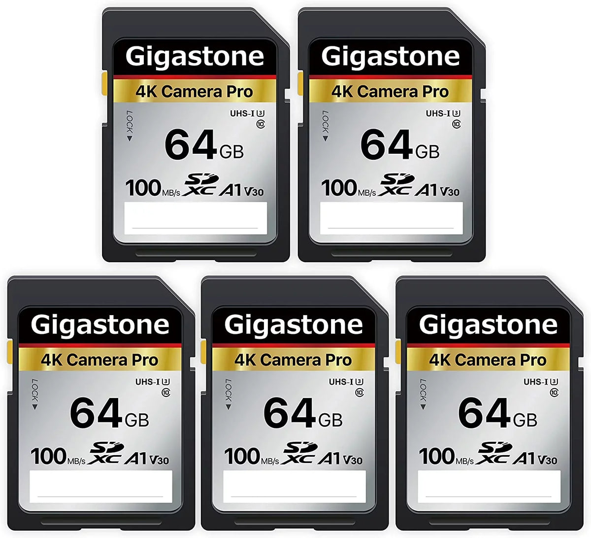 Canon Nikon Kodak UHD 5-Pack Panasonic Sony SD Card Card High 5 Gigastone SDXC Digital Speed 4K V30 HD Ultra Camera, Compatible Cases-GS-SD-64GB-2-5PK-B 64GB with with Video Memory Olympus Pentax Mini