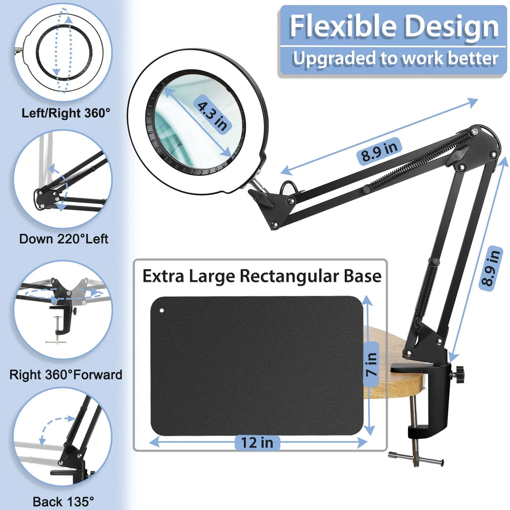 Lighted and Light 5 Painting, with Close Clamp, Hands Sewing Modes Magnifier Stepless Glass Desk Free Work, Magnifying with Craft, 10X Dimmable, for Lamp LED Stand, Color 2-in-1 Magnifying