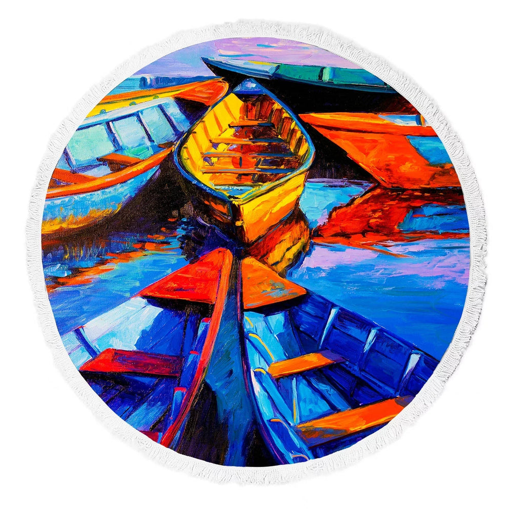 Tassels Modern Sea Ships Yoga Mats on Throw Canvas Mat Blanket Shawl Beach Oil Beach Boats Beach YKCG Round Impressionism Towel with Painting Beach Beach Towel
