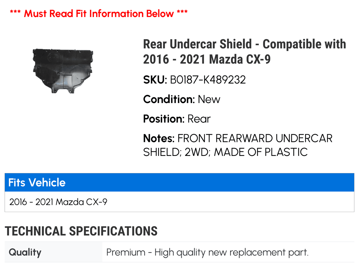 Mazda 2018 CX-9 2017 2016 Rear 2020 - 2019 Undercar 2021 - Compatible with Shield