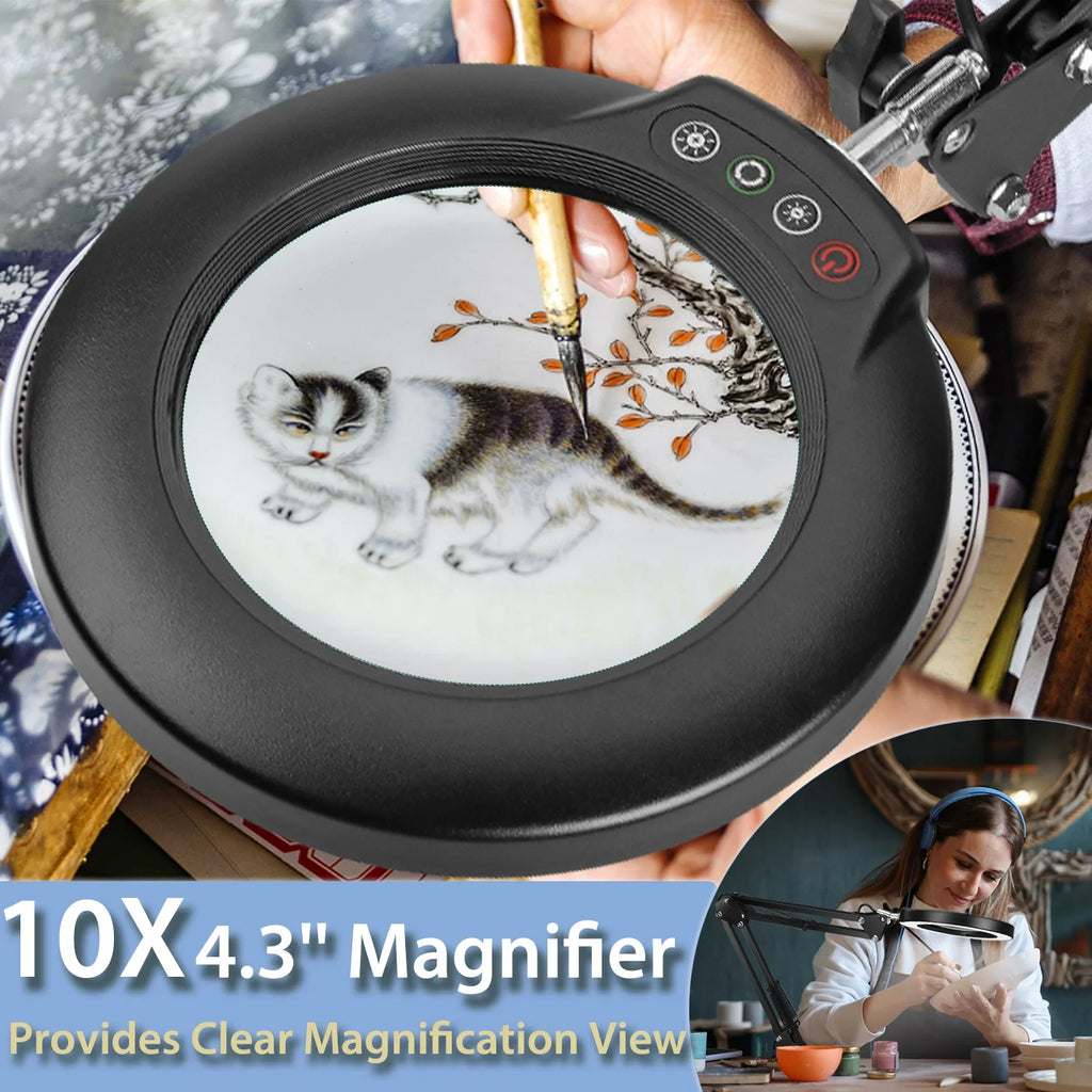 Lighted and Light 5 Painting, with Close Clamp, Hands Sewing Modes Magnifier Stepless Glass Desk Free Work, Magnifying with Craft, 10X Dimmable, for Lamp LED Stand, Color 2-in-1 Magnifying
